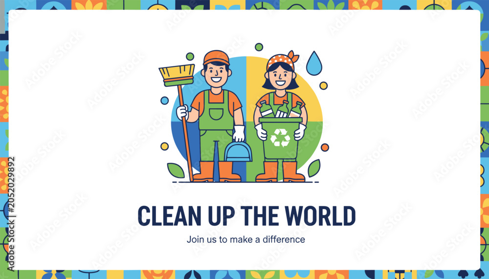 Fototapeta premium Clean up the world poster with male and female janitors holding cleaning tools in front of a symbolic colorful globe.