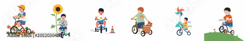 Set of six flat illustrations showing young boys happily riding their tricycles in various outdoor settings including autumn leaves, sunflowers, and hills.