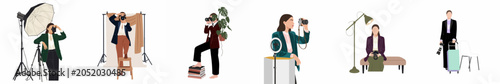 Foto Flat illustration set of professional female photographers working in different studio and field environments with equipment like cameras, lights, and tripods