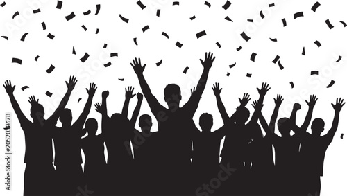 Black silhouette of a happy cheering crowd of people celebrating with falling confetti isolated on transparent background, Vector