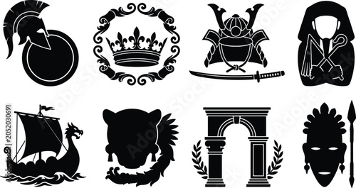 Foto Collection of cultural and historical silhouette icons featuring warrior helmets