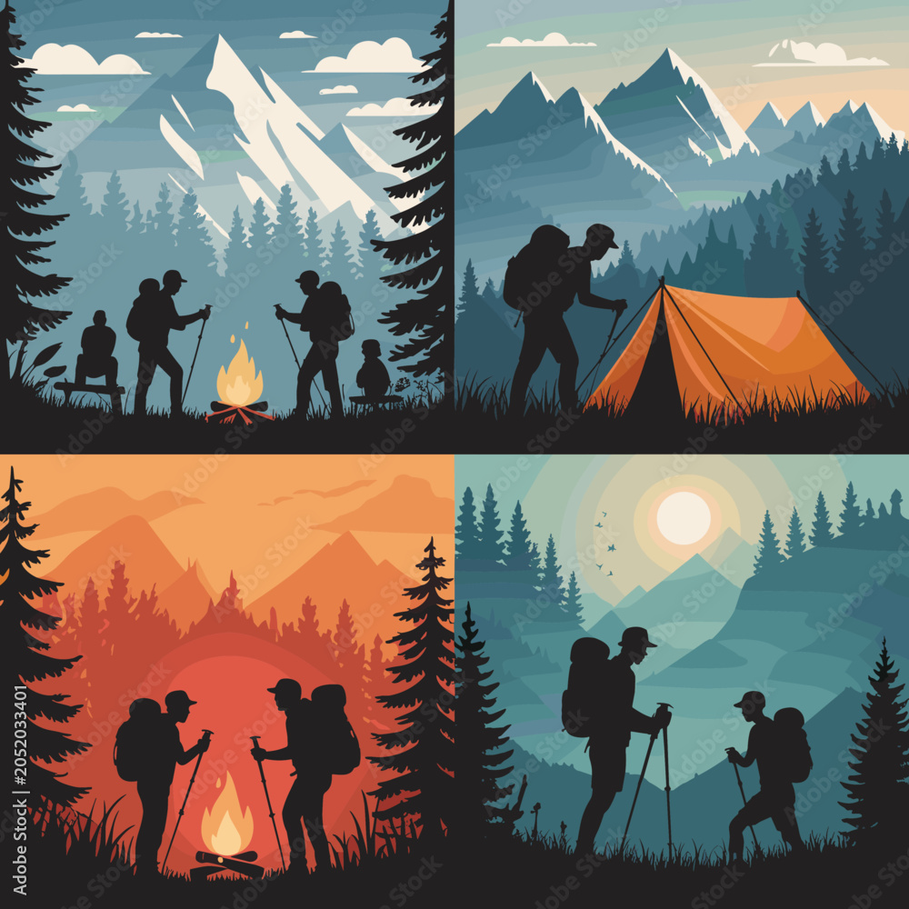 Naklejka premium Four illustrations of people hiking and camping in mountains