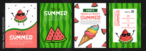 Set of four colorful summer party invitation templates with cute watermelon characters and ice cream illustrations for seasonal tropical holiday events and fun vacation promotions