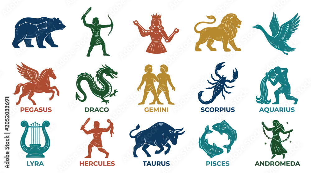 Obraz premium Astrology Zodiac Signs Constellations Mythological Characters Flat Design Vector Icons