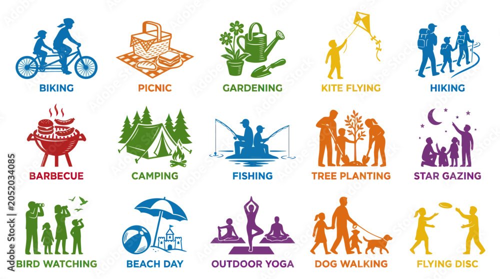 Obraz premium Flat Design Icons Set for Outdoor Family Activities and Hobbies