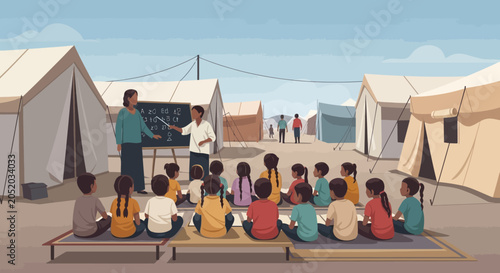 Schilderij op canvas Refugee Camp School: Teacher Educating Children in Tents