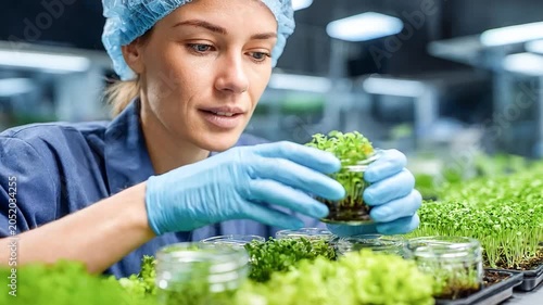 Scientist Cultivating Microgreens focused scientist in a lab coat and hairnet meticulously examines a jar of fresh microgreens, surrounded by rows of healthy seedlings in a controlled environment.