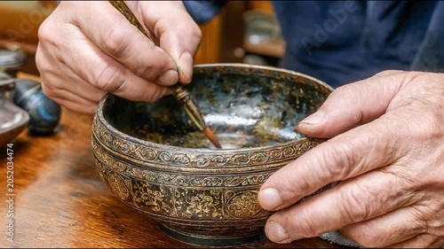 Craftsman's Touch close-up shot of a craftsman's hands delicately applying a patina to an ornate metal bowl.