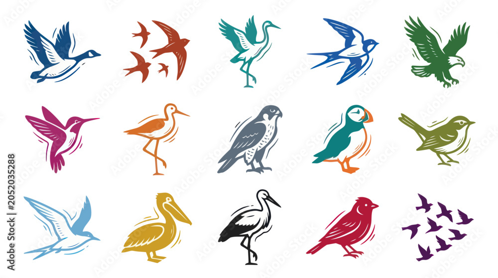 Naklejka premium Nature Wildlife Birds Vector Glyph Icons Set Stylized Avian Species Collection