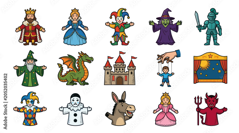 Fototapeta premium Medieval Fantasy Characters, Objects, and Scenes Vector Icons Set