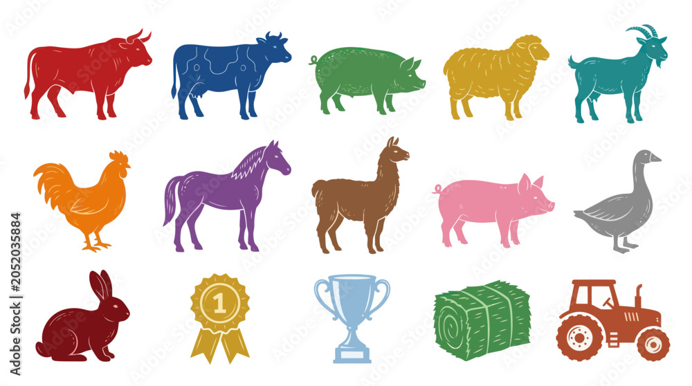 Fototapeta premium Farm Animals and Tractor Icons - Farm Animals Vector Set