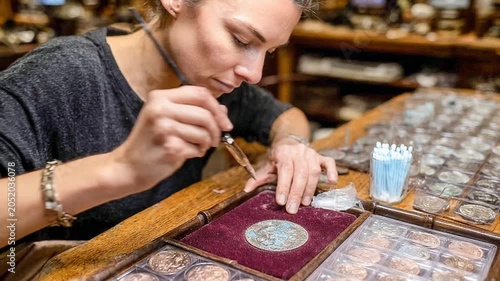 A Woman Examining Coins in a Vintage Shop  focused woman with a keen eye meticulously examines ancient coins with a tool, surrounded by a vast collection of numismatic treasures.