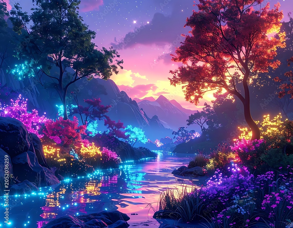 Fototapeta premium A serene and vibrant landscape with a river and trees