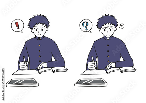 Bild auf Leinwand 塾や受験勉強で悩む・ひらめく詰襟の男子学生のイラストセット