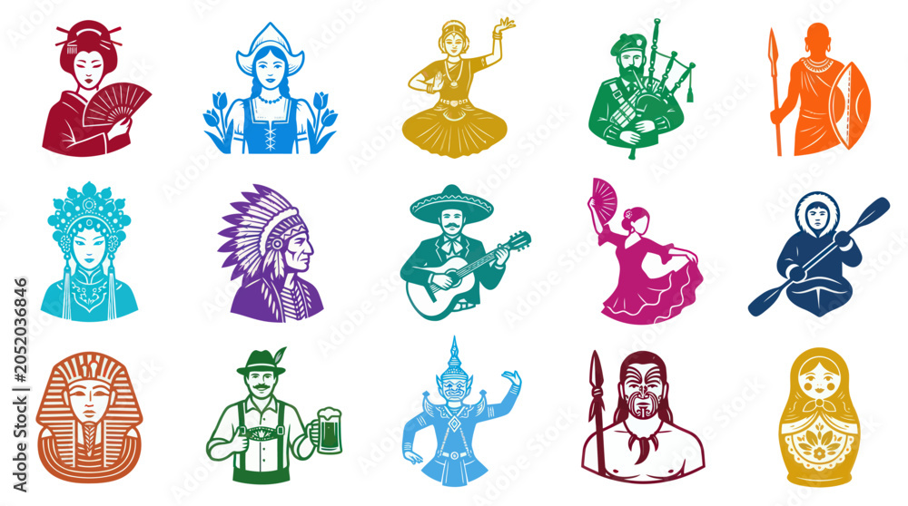 Obraz premium Global Cultural Diversity People Flat Graphic Icons Collection Ethnic Traditional Characters Set