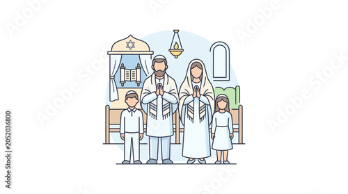 Cuadro en lienzo Family Celebrating Religious Ceremony in Synagogue