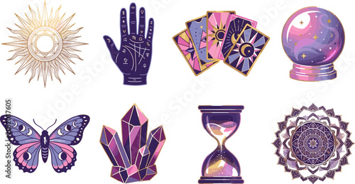 Obraz na plátně A collection of mystical and esoteric icons featuring tarot cards, a crystal ball, palmistry hand, mandala, and magical spiritual symbols