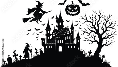 Halloween Scene Silhouette With Castle Witch And Pumpkin Against White Background