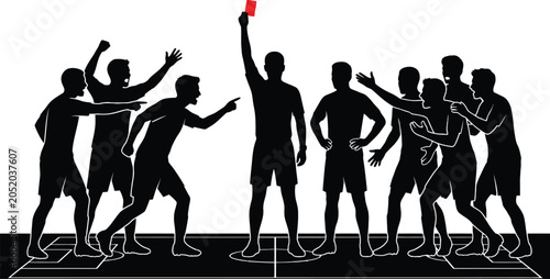 Φωτογραφία Soccer players silhouette with referee showing red card on white background