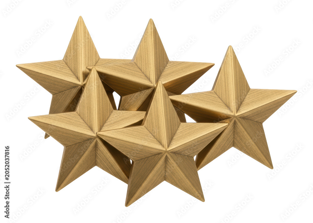 Obraz premium Five textured golden three-dimensional stars clustered for rating reviews isolated transparent background image