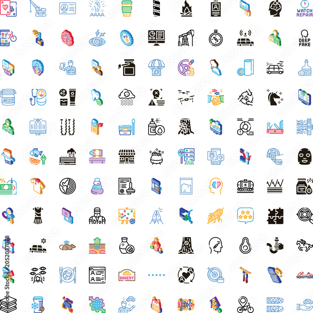 Fototapeta premium Set of numerous flat design isometric icons visualizing various concepts including technology, industry, finance, health, food, and daily activities on white background