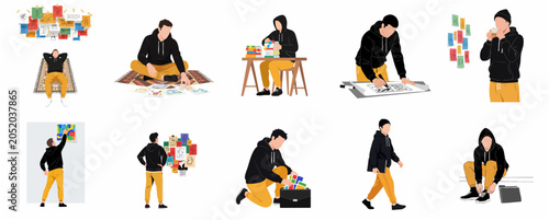 Set of creative male character illustrations depicting design process and artist daily routine