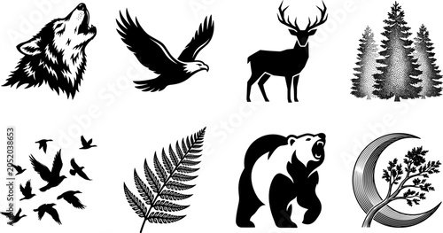 Fotografia Black and white wilderness graphic set featuring a howling wolf, flying eagle, deer, pine trees, fern leaf, and grizzly bear icons