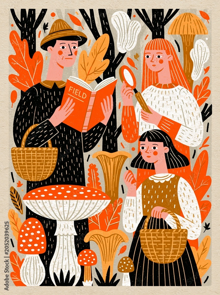 Obraz premium Family Reading in a Forested Area, with Various Mushrooms and Foraging Plants