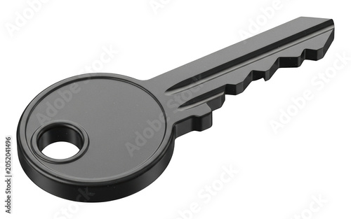 Fotografie Modern matte black metal key with a circular head and serrated blade isolated tr