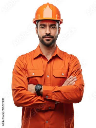 A man wearing an orange hard hat and shirt isolated on transparent background