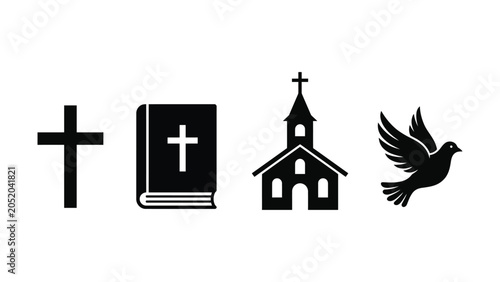 Four religious symbols including cross book church and dove icons