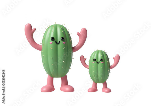 Two cute cactus characters with arms and legs standing together