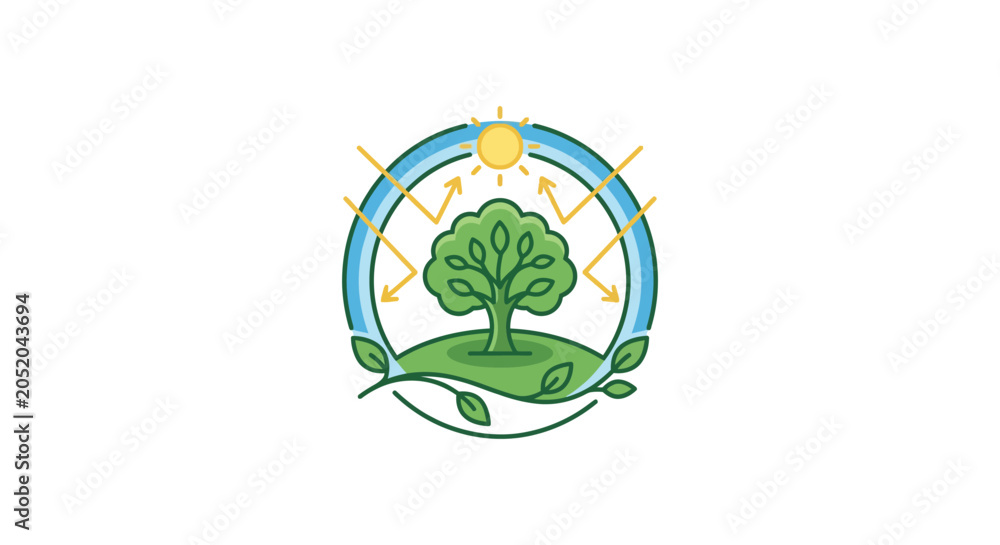 Obraz premium Green Tree Emblem with Sun and Nature Elements