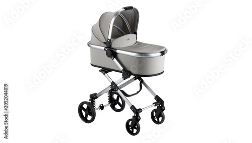 Photos Modern grey baby pram with silver frame and black wheels, isolated on transparen
