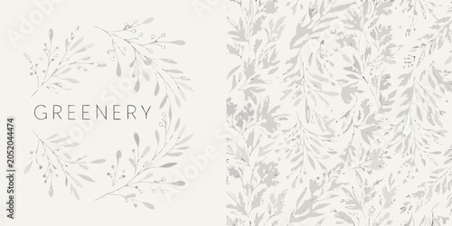 Принти на полотні Floral ornament with sketched leaves and stems on a pale beige background botani