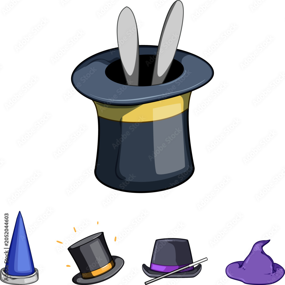 Obraz premium Collection of cartoon style hats featuring a magician's top hat with rabbit ears, a wizard's cap, and a witch's hat, illustrating various forms of enchantment and entertainment