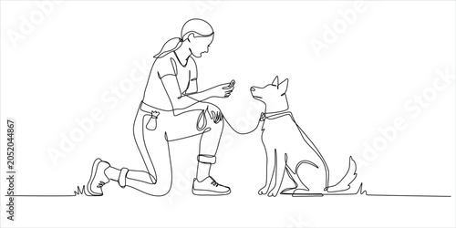 Canvas Print Woman training dog continuous line art vector illustration minimalist pet care a