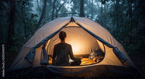 Person Meditating Inside Illuminated Tent in Misty Forest at Dusk