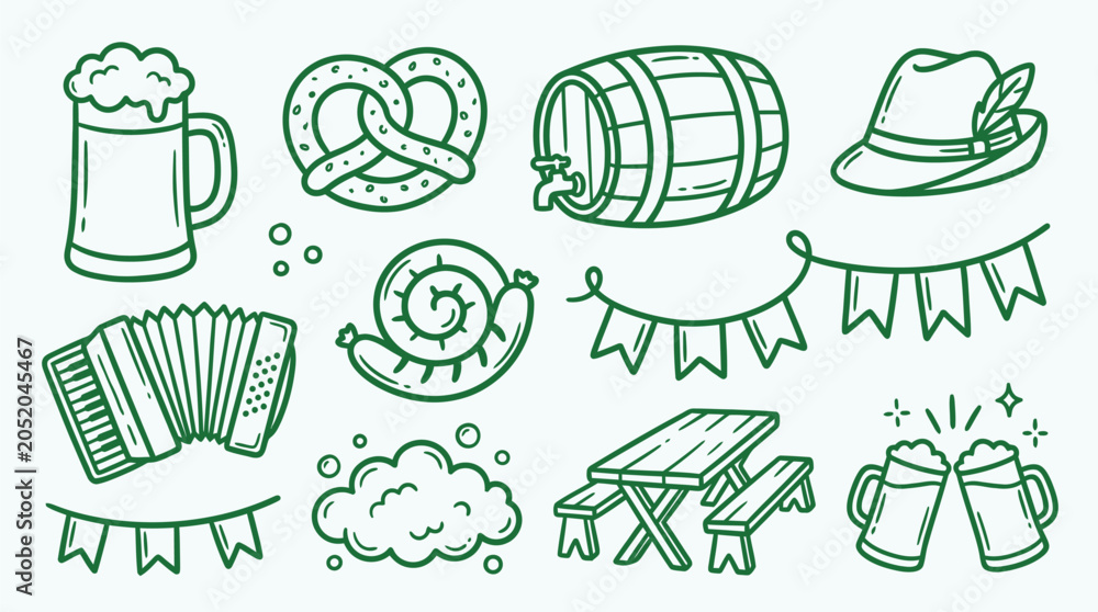 Naklejka premium Collection of Oktoberfest icons and symbols in a doodle style, perfect for festive designs.