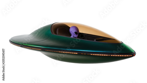 Konstfotografi Green alien spaceship with purple extraterrestrial pilot, isolated on transparen