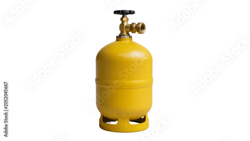 Cuadro en lienzo Yellow propane gas cylinder with brass valve and black handle, isolated on trans