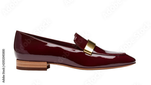 Schilderij op canvas Shiny burgundy patent leather loafer with gold buckle, isolated on transparent b