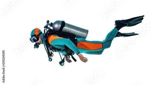 Photos Scuba diver in teal and orange wetsuit with scuba gear, isolated on transparent