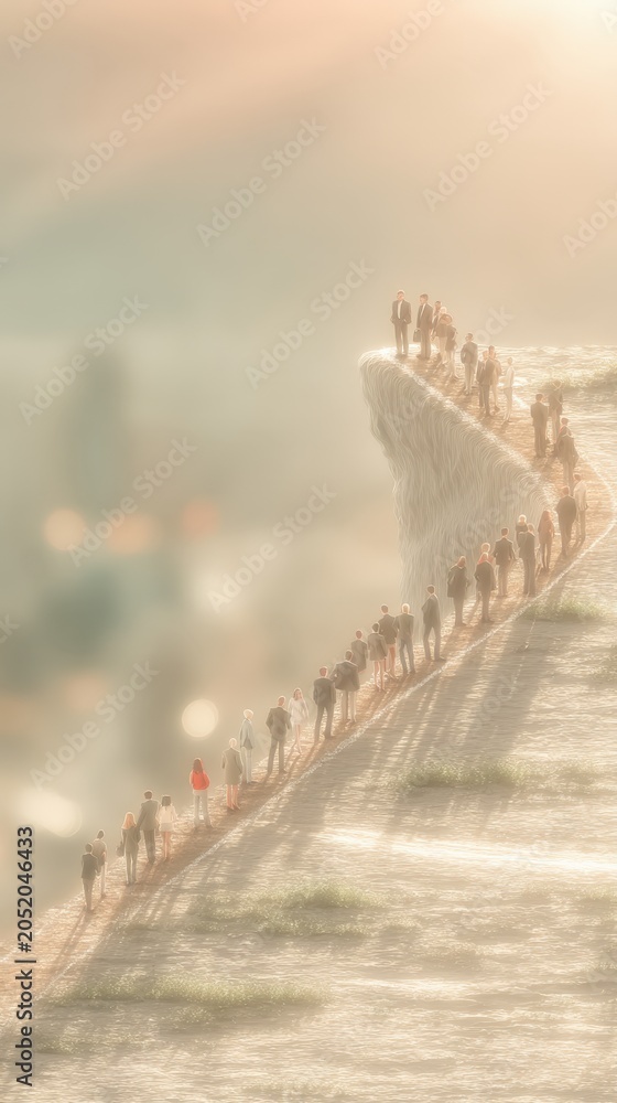 Fototapeta premium Neon Blue Ice Sculpture Business professionals walking in a line on a surreal beach with a giant cliff made of paper and ocean waves, creating a a neon blue ice fractal design