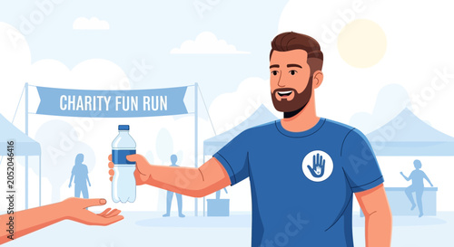 Schilderij op canvas Volunteer offering water bottle at charity fun run event, helping participants s