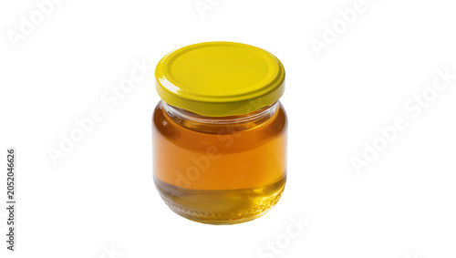 Small glass jar filled with golden honey sealed with a yellow lid, isolated on transparent background