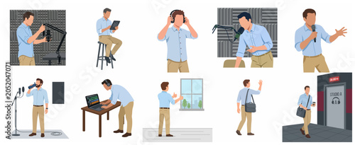 Foto Flat vector character set of a male podcaster and radio host in various professional recording studio activities, including speaking into a microphone, editing audio, and walking to the studio
