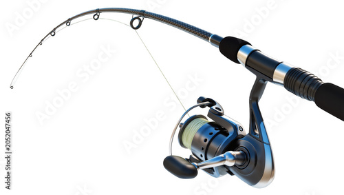 Photos Curved fishing rod with spinning reel and line, isolated on transparent backgrou