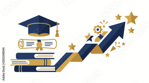 Academic Growth and Career Advancement Concept with Graduation Cap and Stack of Books Illustrating Successful Educational Journey