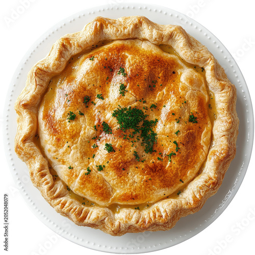 Golden crusted chicken pot pie topped with fresh parsley on white plate isolated on white background